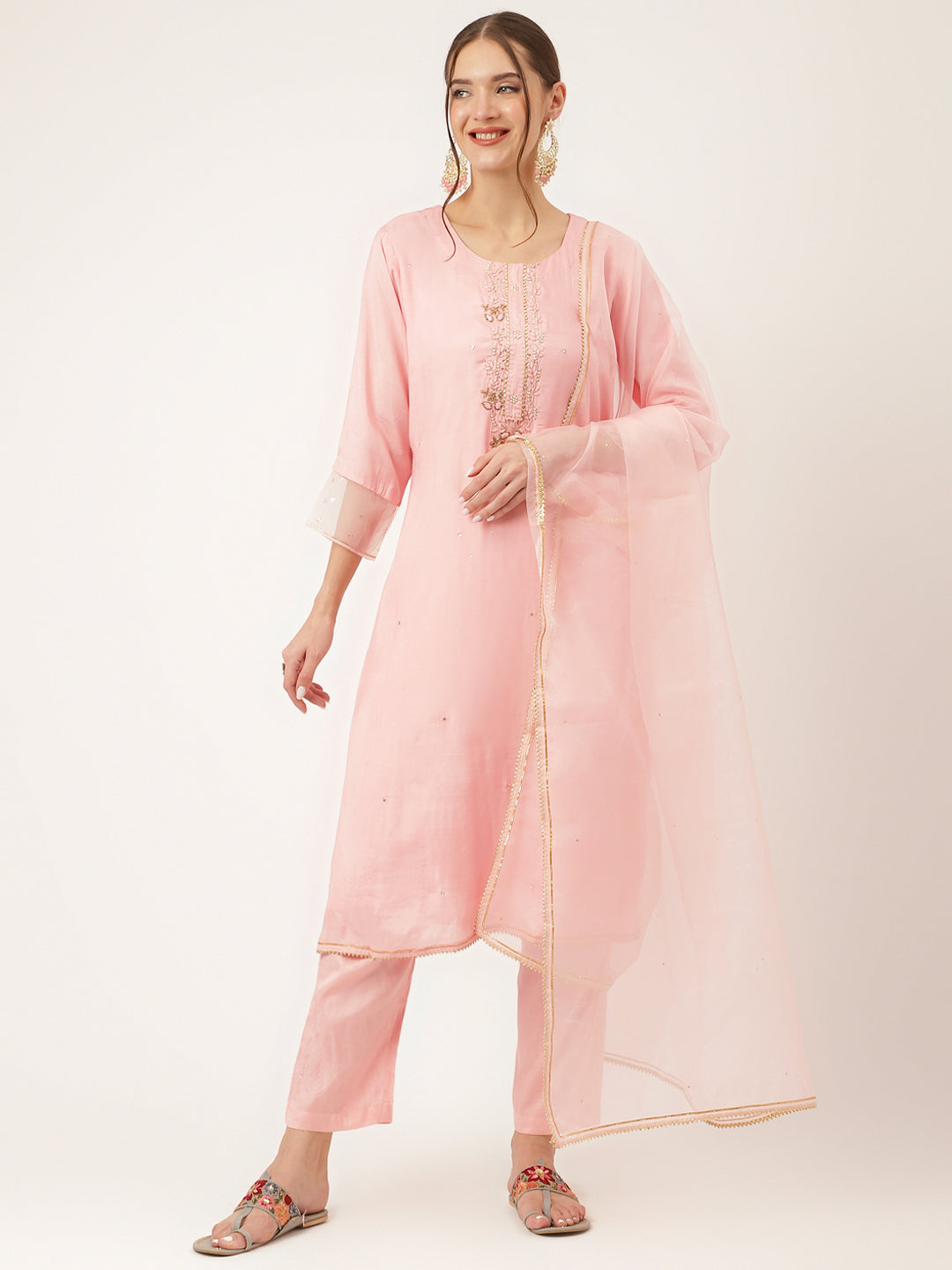 Baby Pink Embroidered Chanderi  Kurta, Trouser With Dupatta