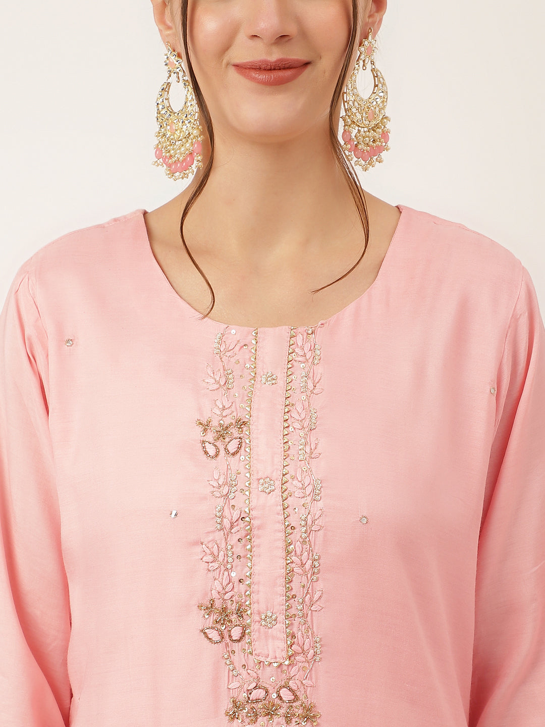 Baby Pink Embroidered Chanderi  Kurta, Trouser With Dupatta