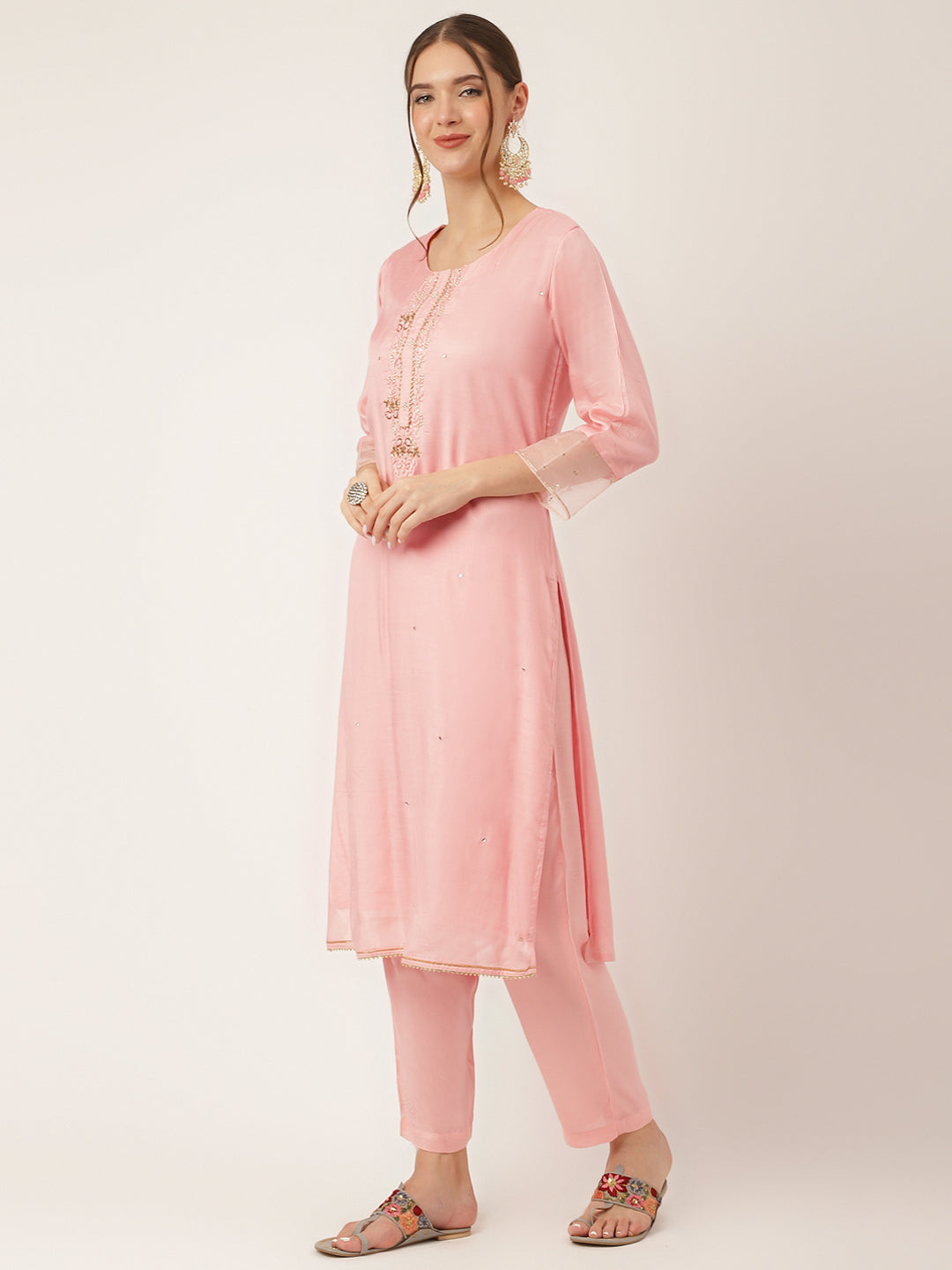 Baby Pink Embroidered Chanderi  Kurta, Trouser With Dupatta