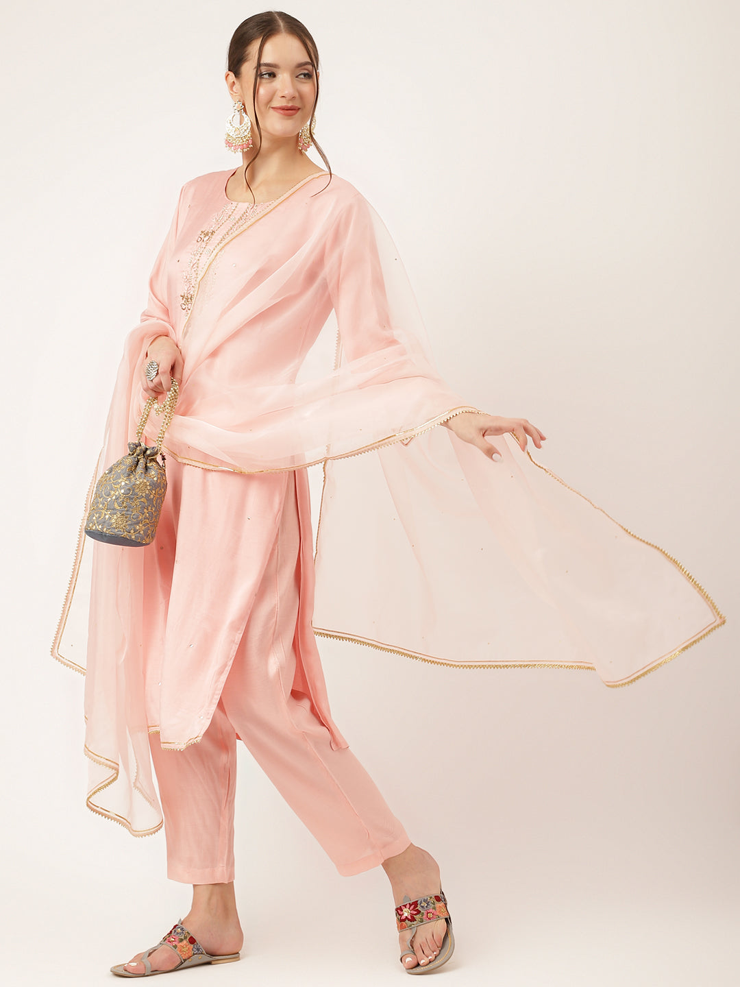 Baby Pink Embroidered Chanderi  Kurta, Trouser With Dupatta