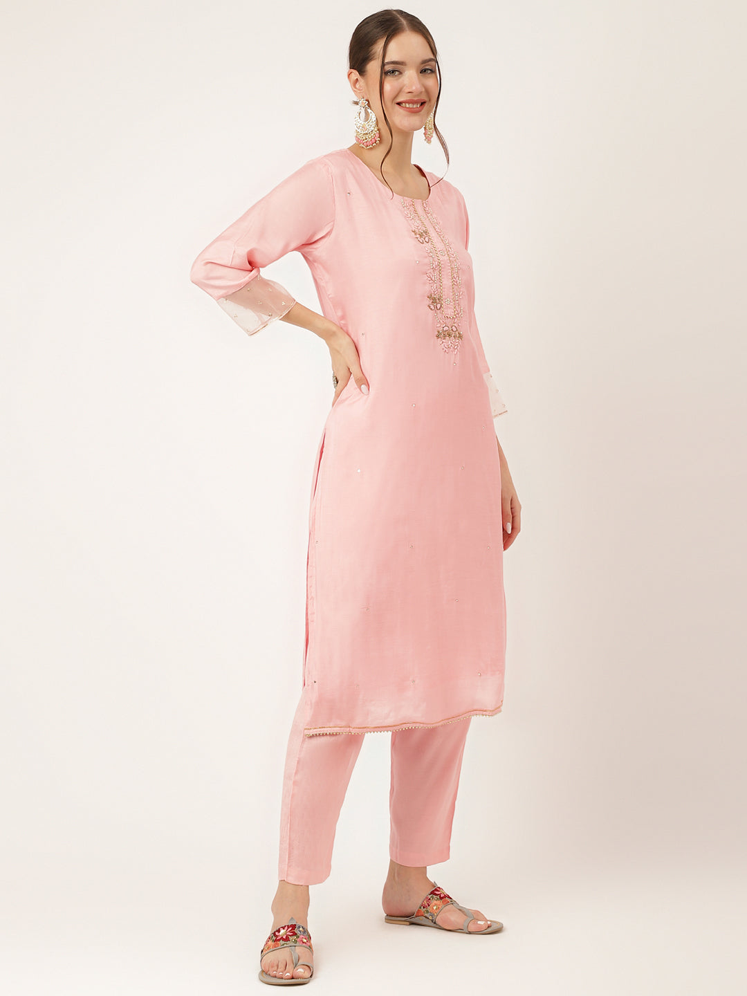 Baby Pink Embroidered Chanderi  Kurta, Trouser With Dupatta