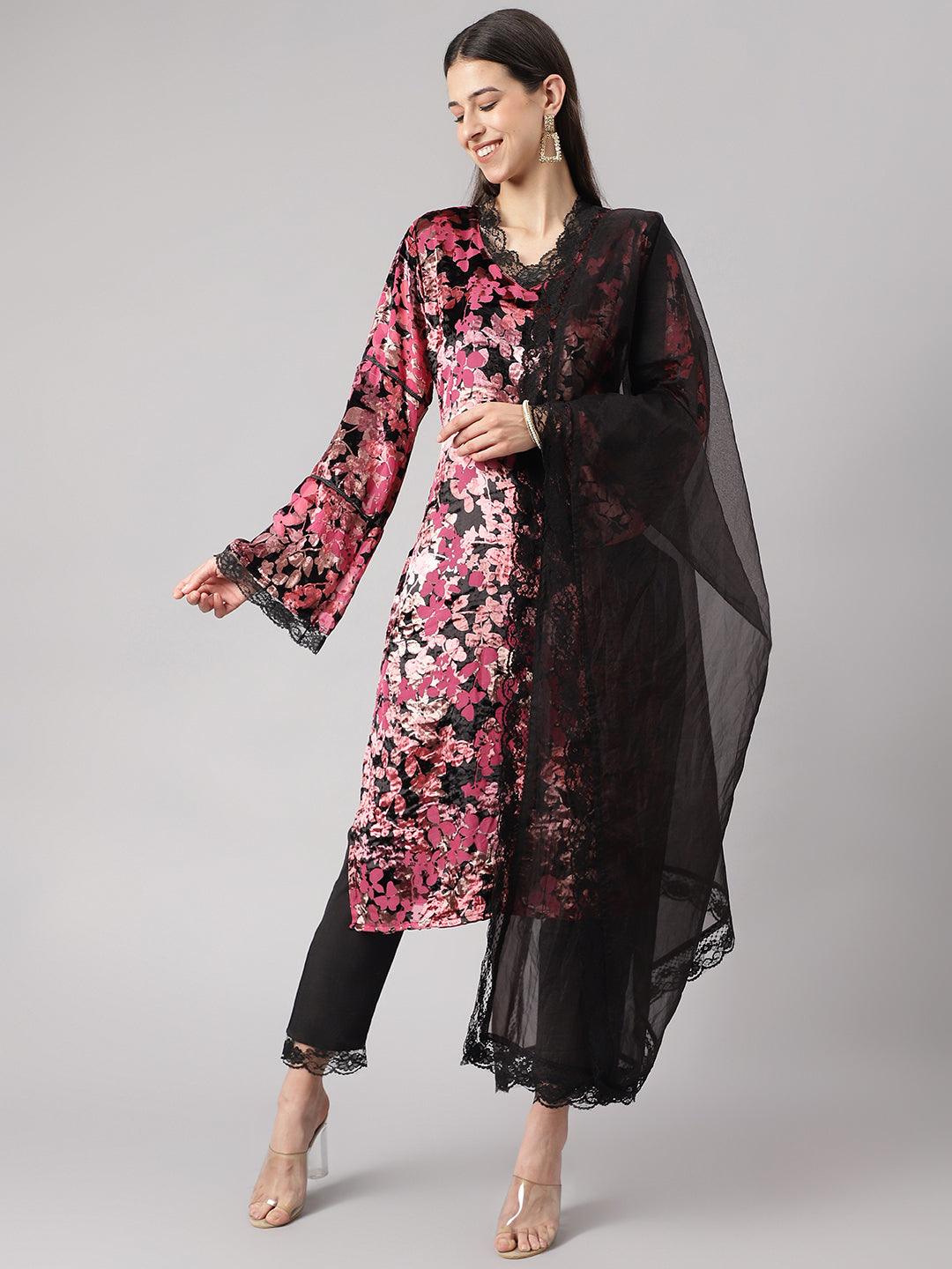 Divena Pink Burn out Velvat Kurta Haram Pant with Organza Dupatta - divena world-Mohi