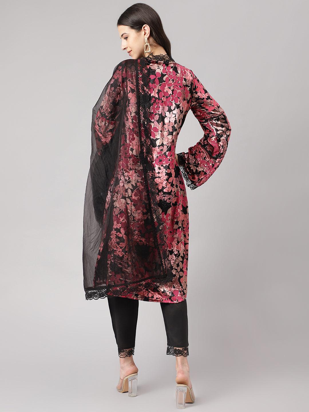 Divena Pink Burn out Velvat Kurta Haram Pant with Organza Dupatta - divena world-Mohi