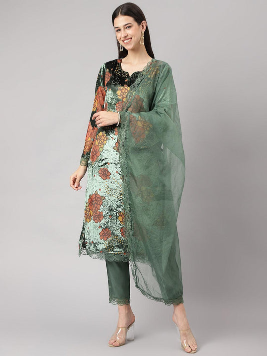 Divena Green Burn out Velvat Kurta Haram Pant with Organza Dupatta - divena world-Mohi