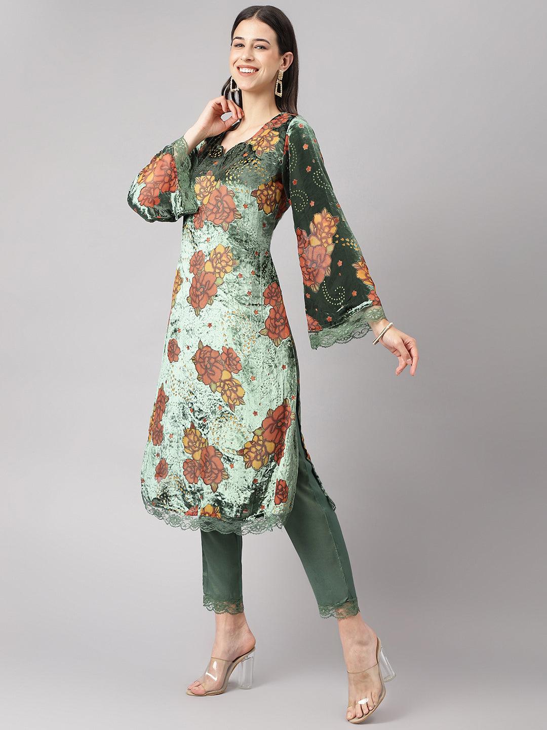 Divena Green Burn out Velvat Kurta Haram Pant with Organza Dupatta - divena world-Mohi