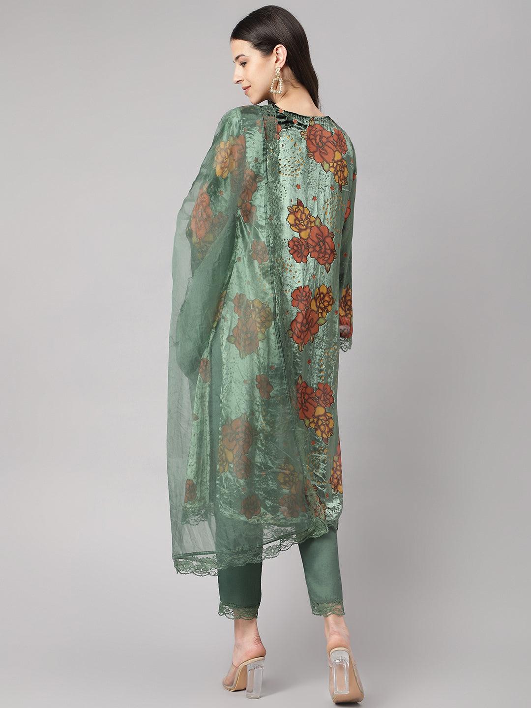 Divena Green Burn out Velvet Kurta Harem Pant with Organza Dupatta - divena world-Mohi