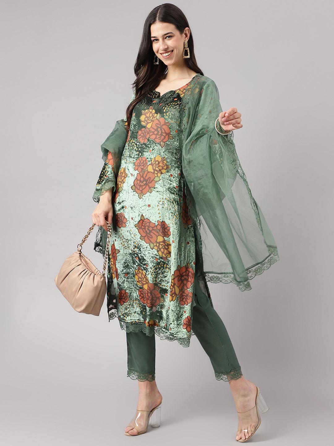 Divena Green Burn out Velvat Kurta Haram Pant with Organza Dupatta - divena world-Mohi