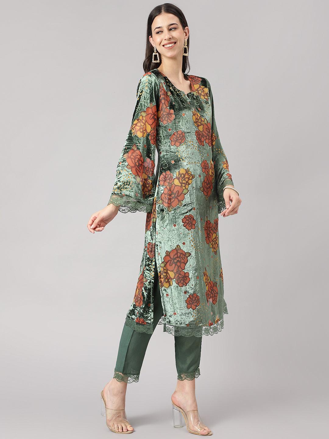 Divena Green Burn out Velvat Kurta Haram Pant with Organza Dupatta - divena world-Mohi