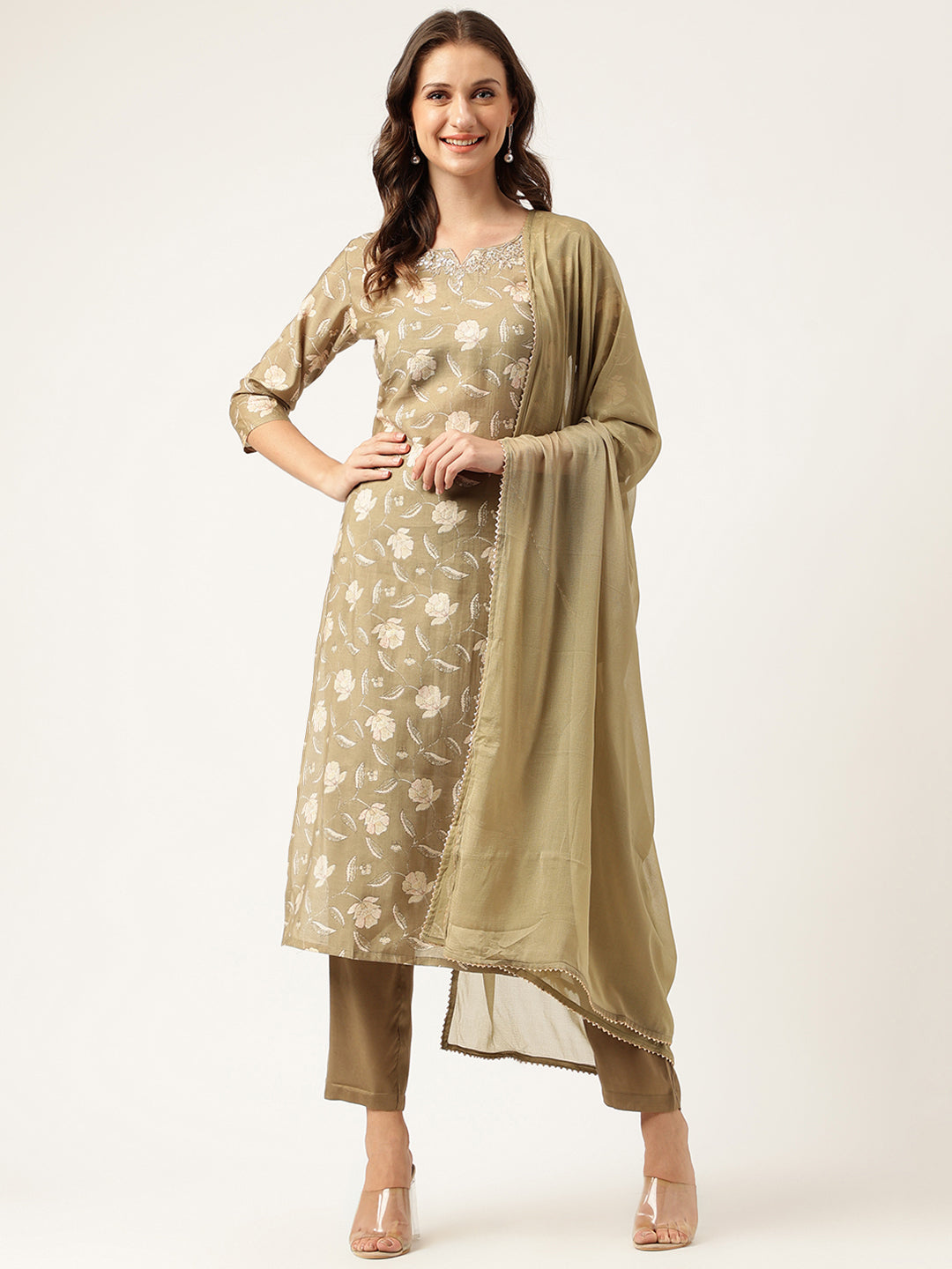 Olive Embroidered Cotton Kurta Trouser with Dupatta Set