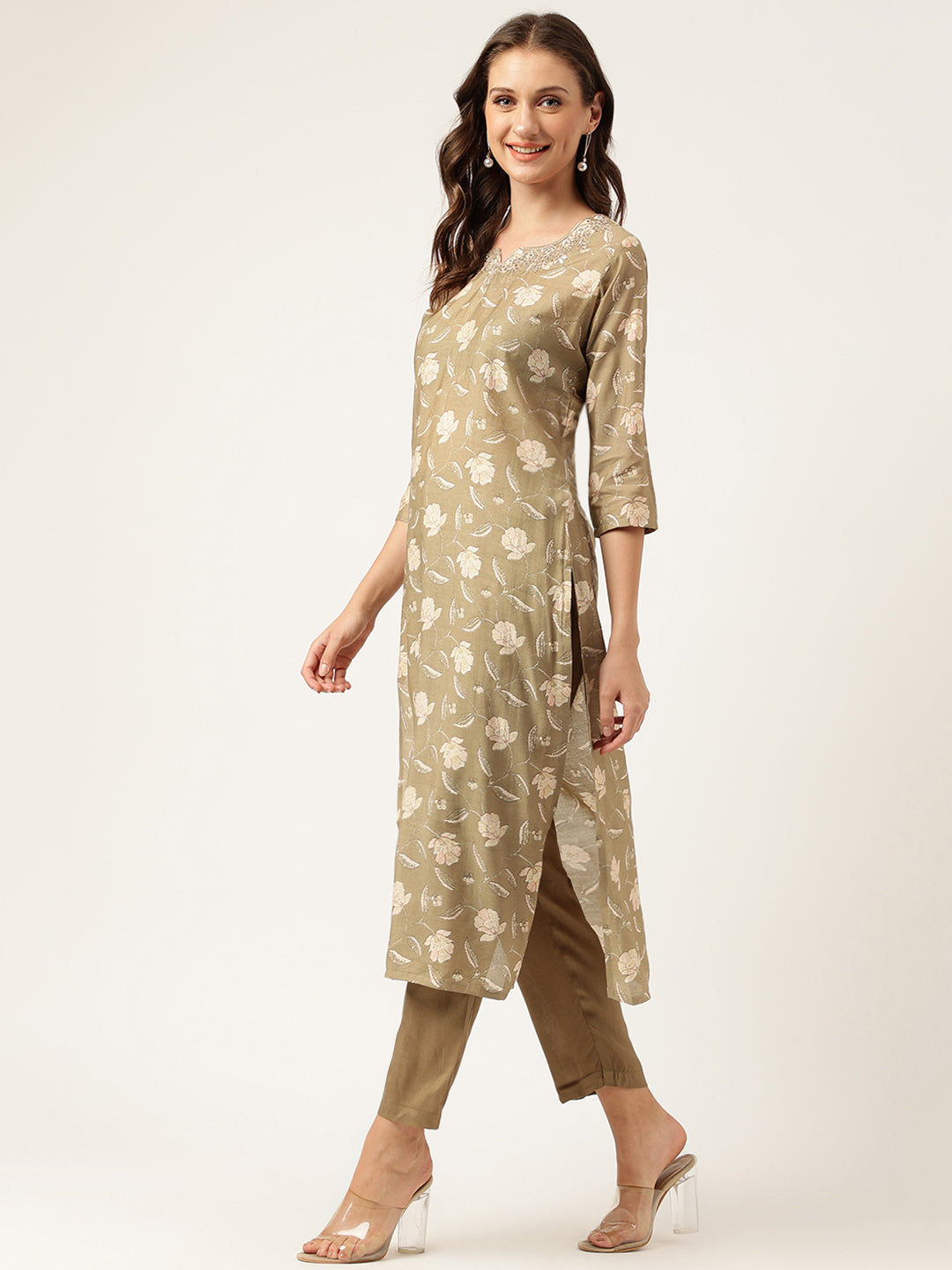 Olive Embroidered Cotton Kurta Trouser with Dupatta Set