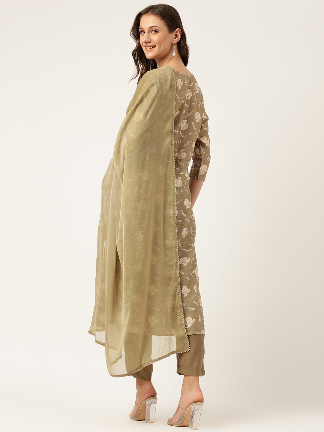 Olive Embroidered Cotton Kurta Trouser with Dupatta Set