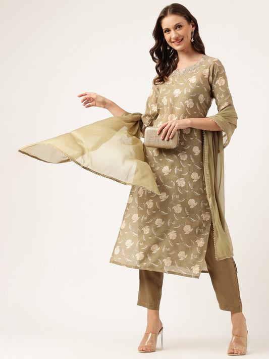 Olive Embroidered Cotton Kurta Trouser with Dupatta Set