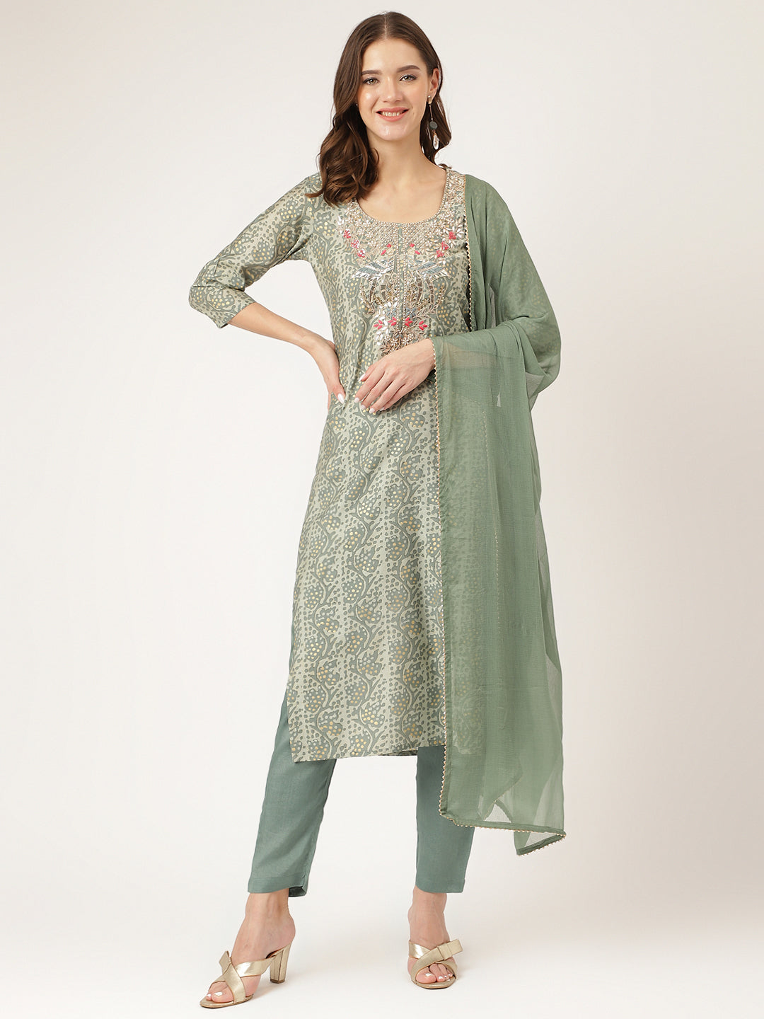 Green Floral Print Chanderi Kurta, Trouser With Dupatta