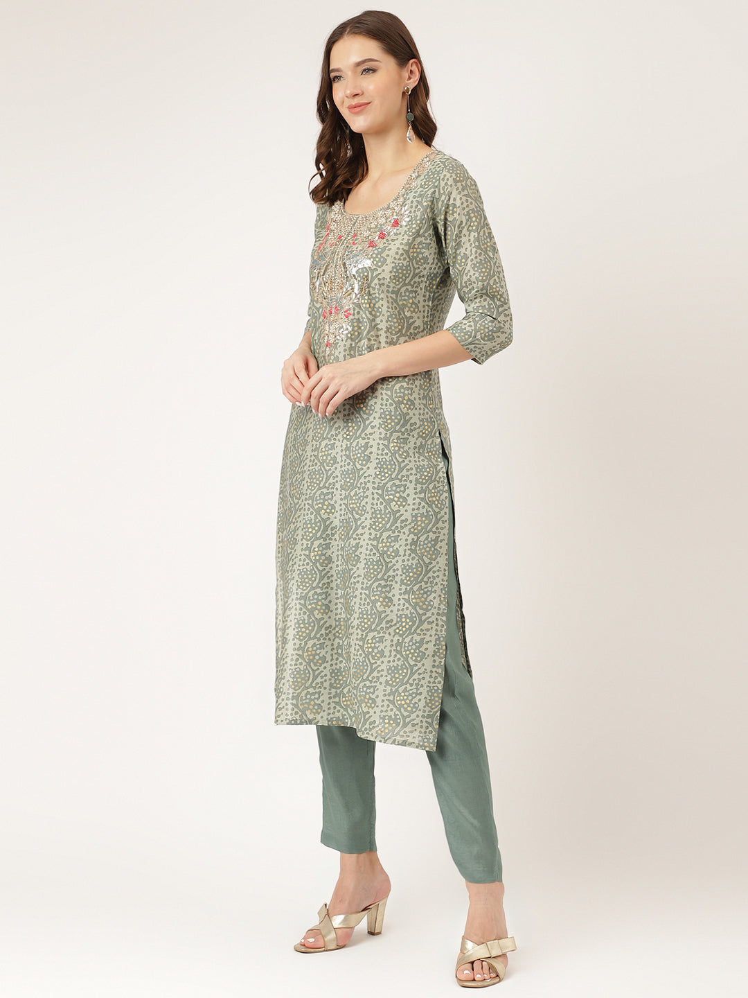 Green Floral Print Chanderi Kurta, Trouser With Dupatta