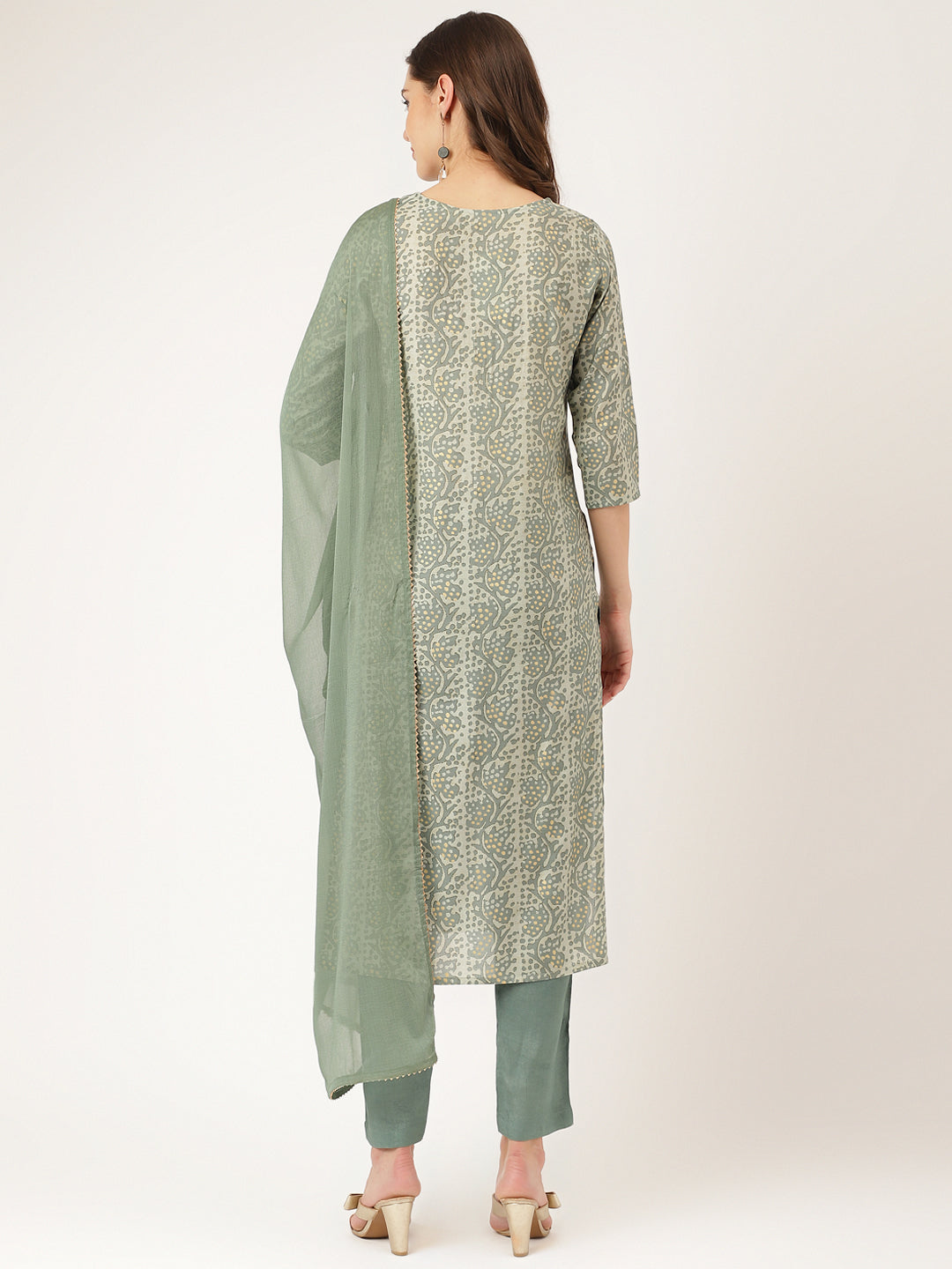 Green Floral Print Chanderi Kurta, Trouser With Dupatta