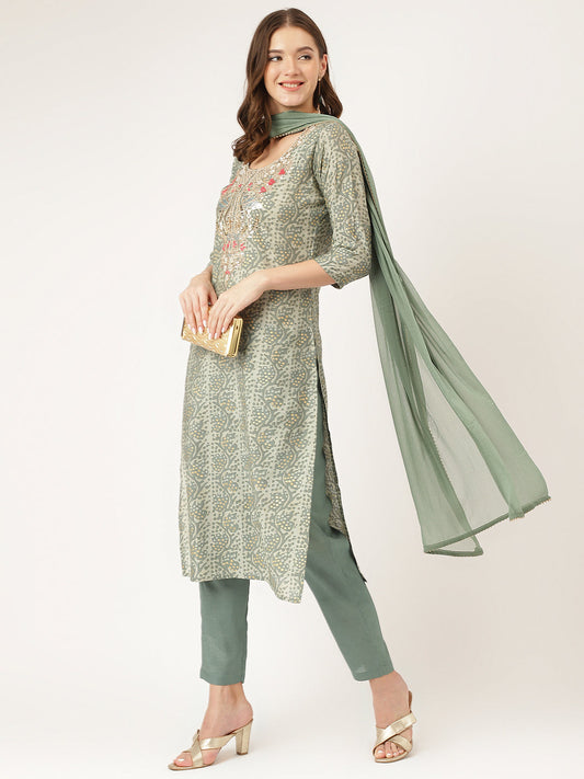 Green Floral Print Chanderi Kurta, Trouser With Dupatta