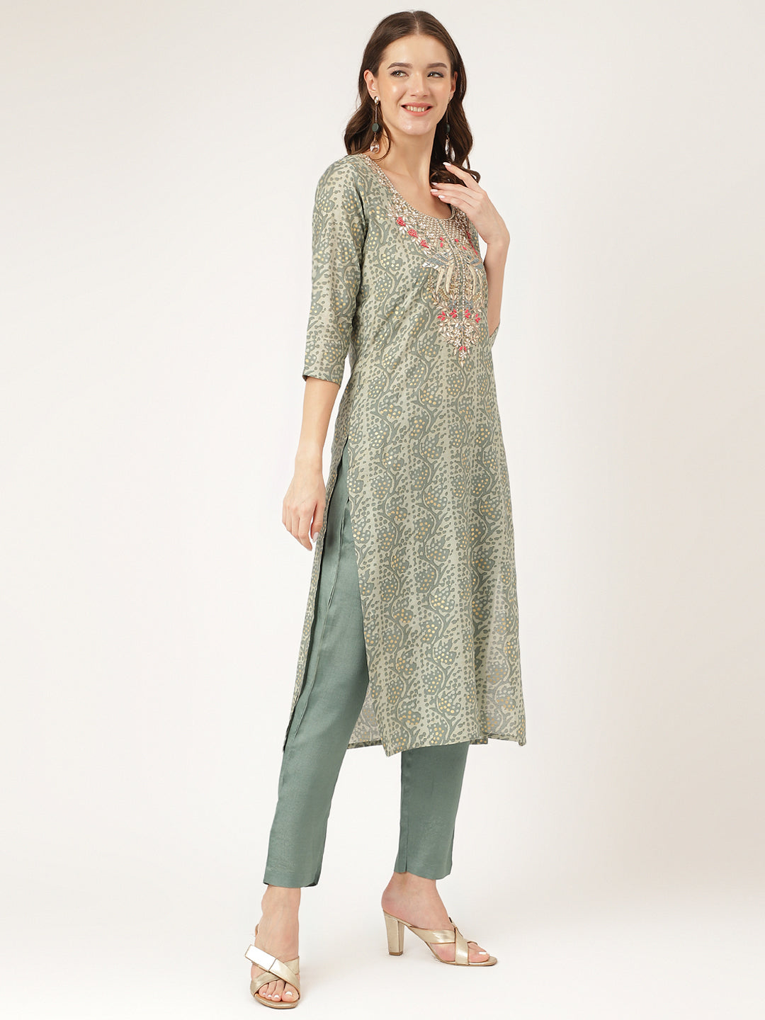 Green Floral Print Chanderi Kurta, Trouser With Dupatta