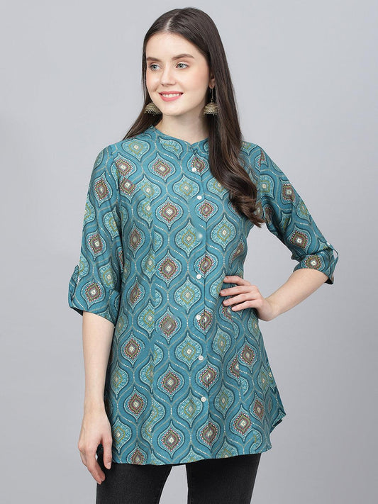 Divena Teal Blue Motif Printed Modal A-Line Shirts Style Top - divena world-Mohi