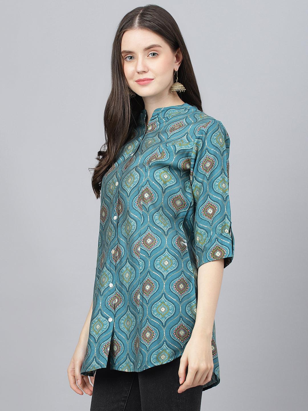 Divena Teal Blue Motif Printed Modal A-Line Shirts Style Top - divena world-Mohi