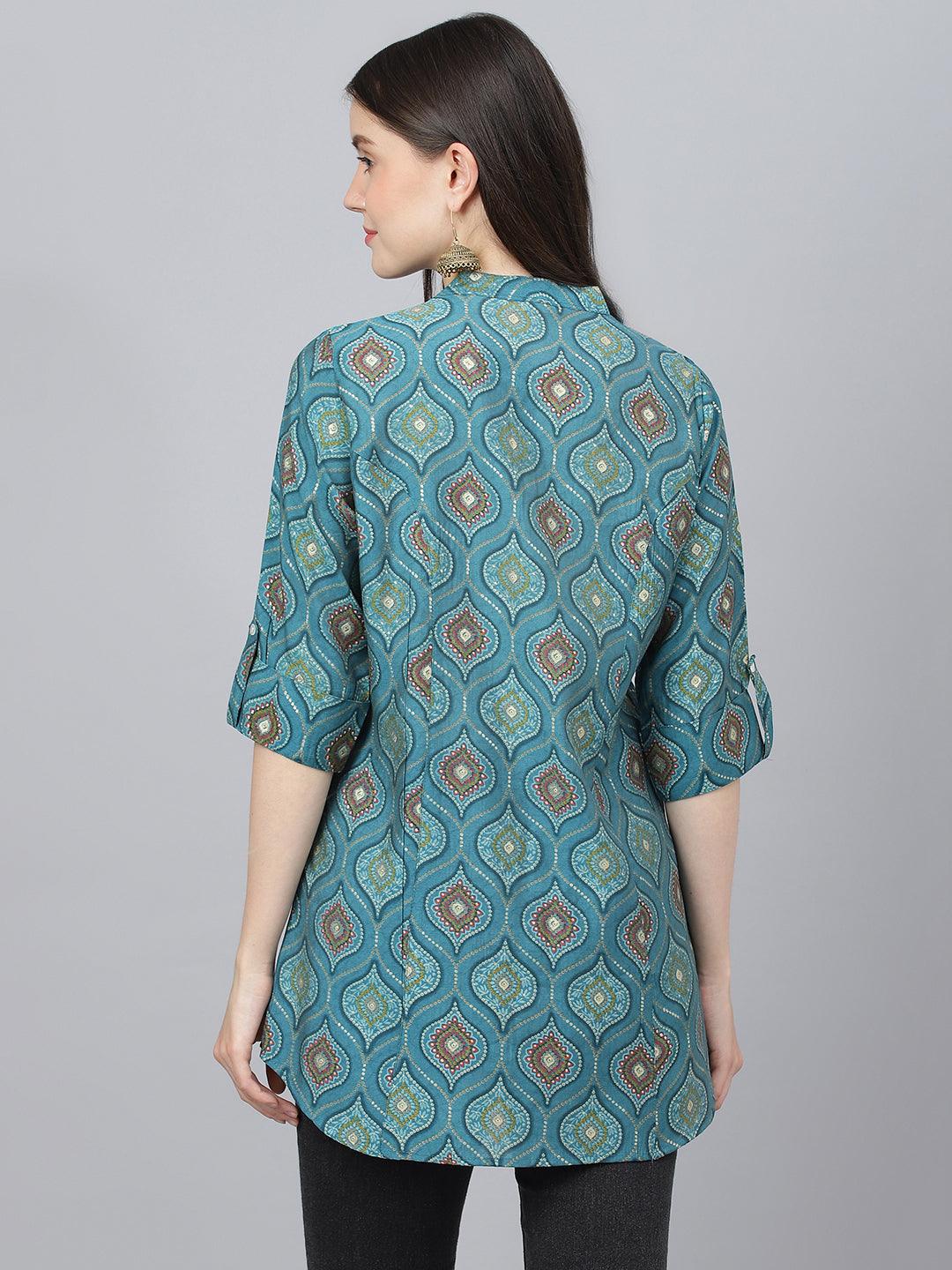 Divena Teal Blue Motif Printed Modal A-Line Shirts Style Top - divena world-Mohi