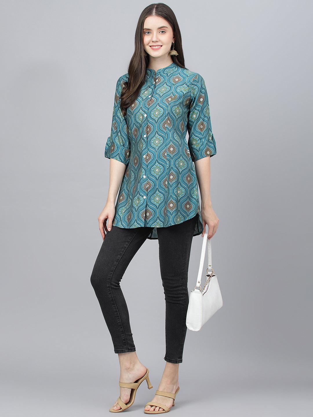 Divena Teal Blue Motif Printed Modal A-Line Shirts Style Top - divena world-Mohi