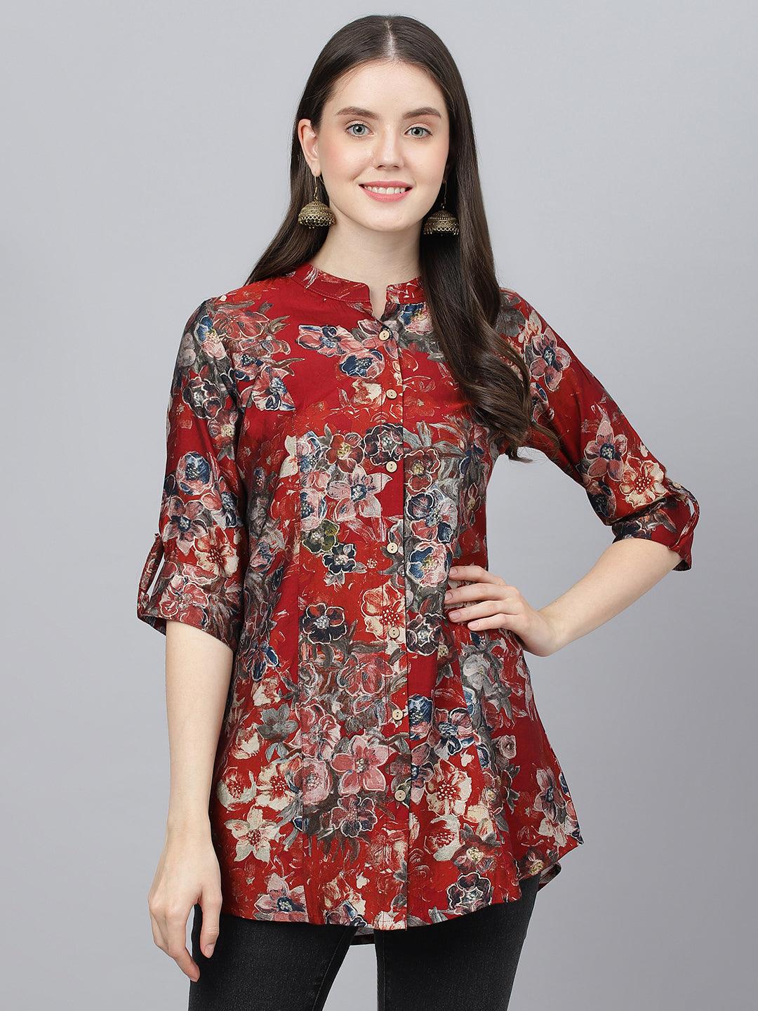 Divena Maroon Floral Printed Modal A-Line Shirts Style Top - divena world-Mohi