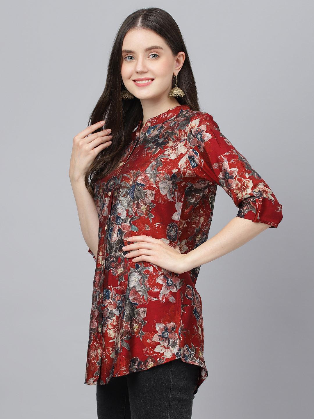 Divena Maroon Floral Printed Modal A-Line Shirts Style Top - divena world-Mohi