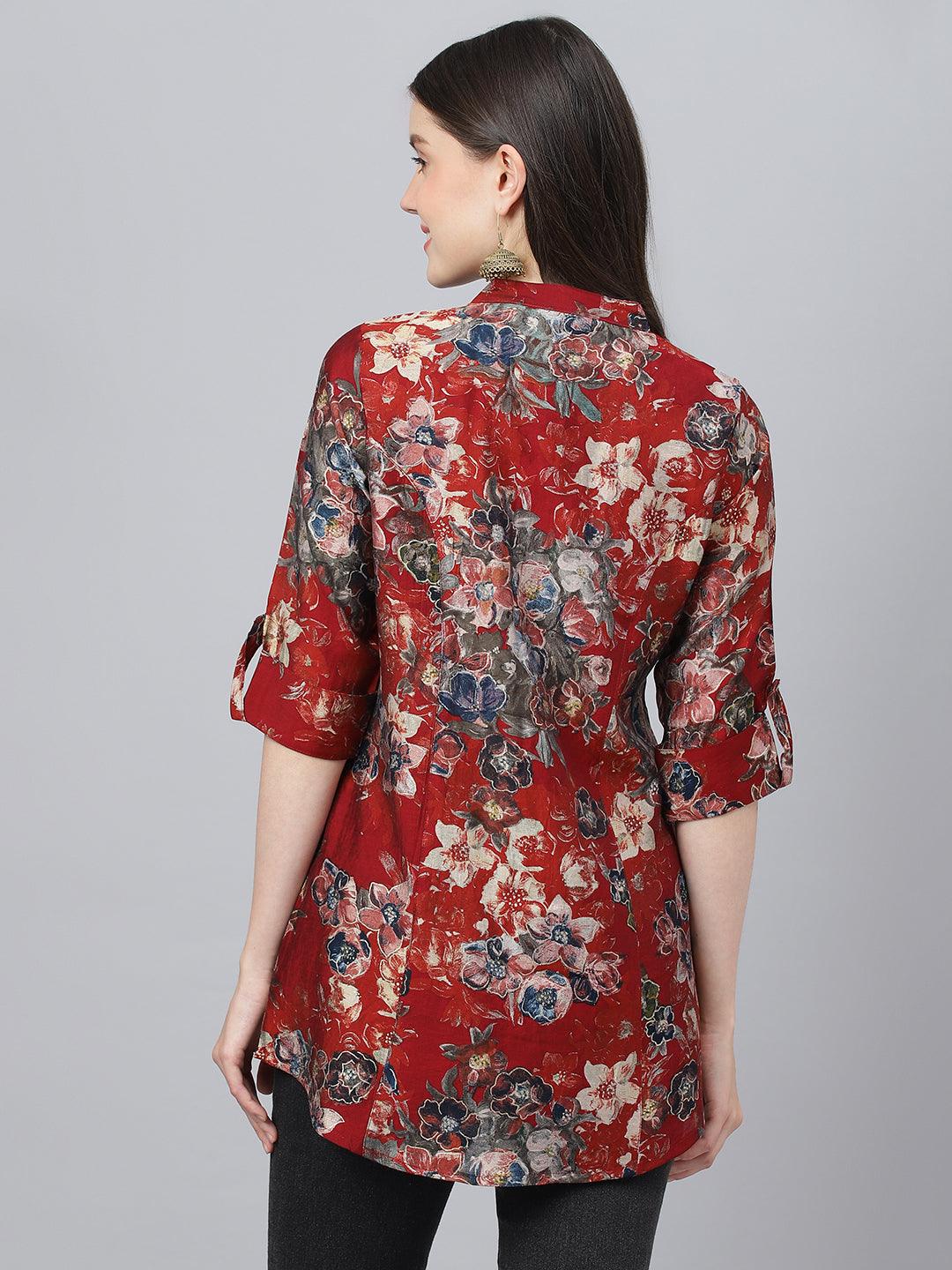 Divena Maroon Floral Printed Modal A-Line Shirts Style Top - divena world-Mohi