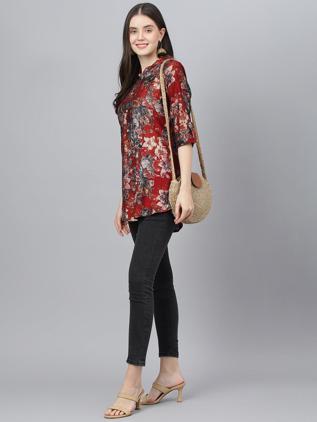 Divena Maroon Floral Printed Modal A-Line Shirts Style Top - divena world-Mohi