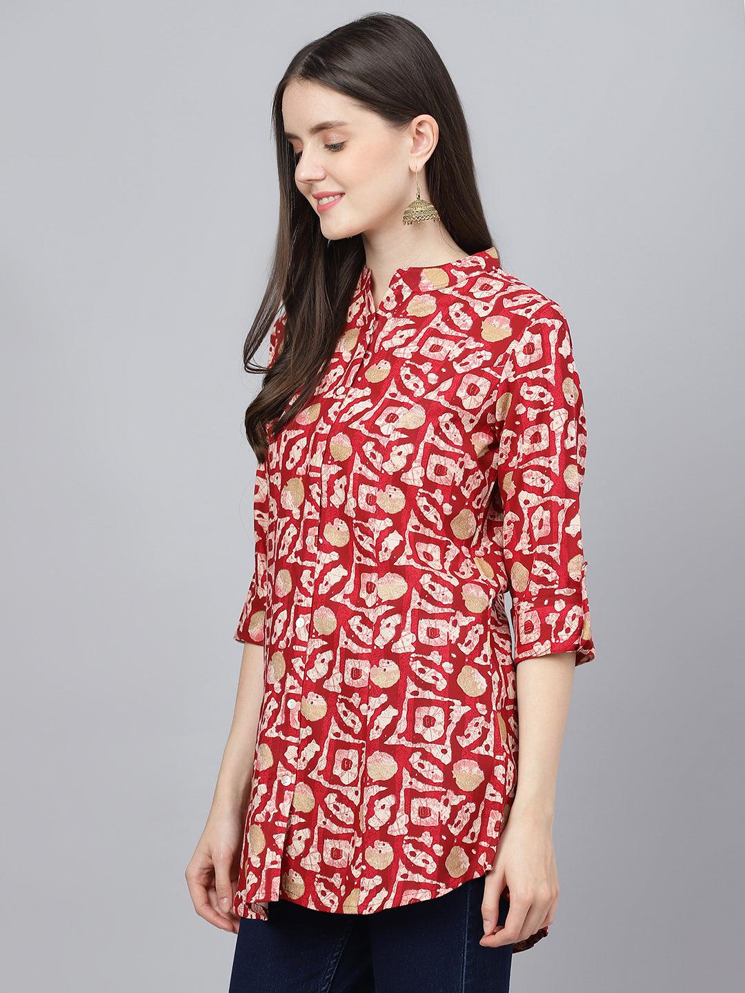 Divena Red Abstract printed Rayon A-line Shirts Style Top - divena world-Mohi