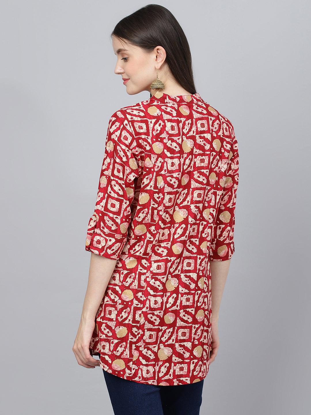 Divena Red Abstract printed Rayon A-line Shirts Style Top - divena world-Mohi