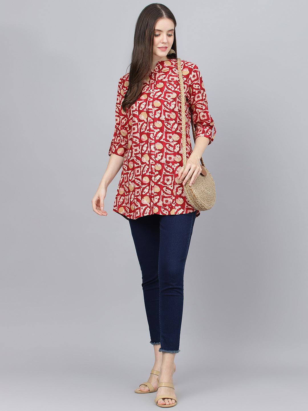 Divena Red Abstract printed Rayon A-line Shirts Style Top - divena world-Mohi