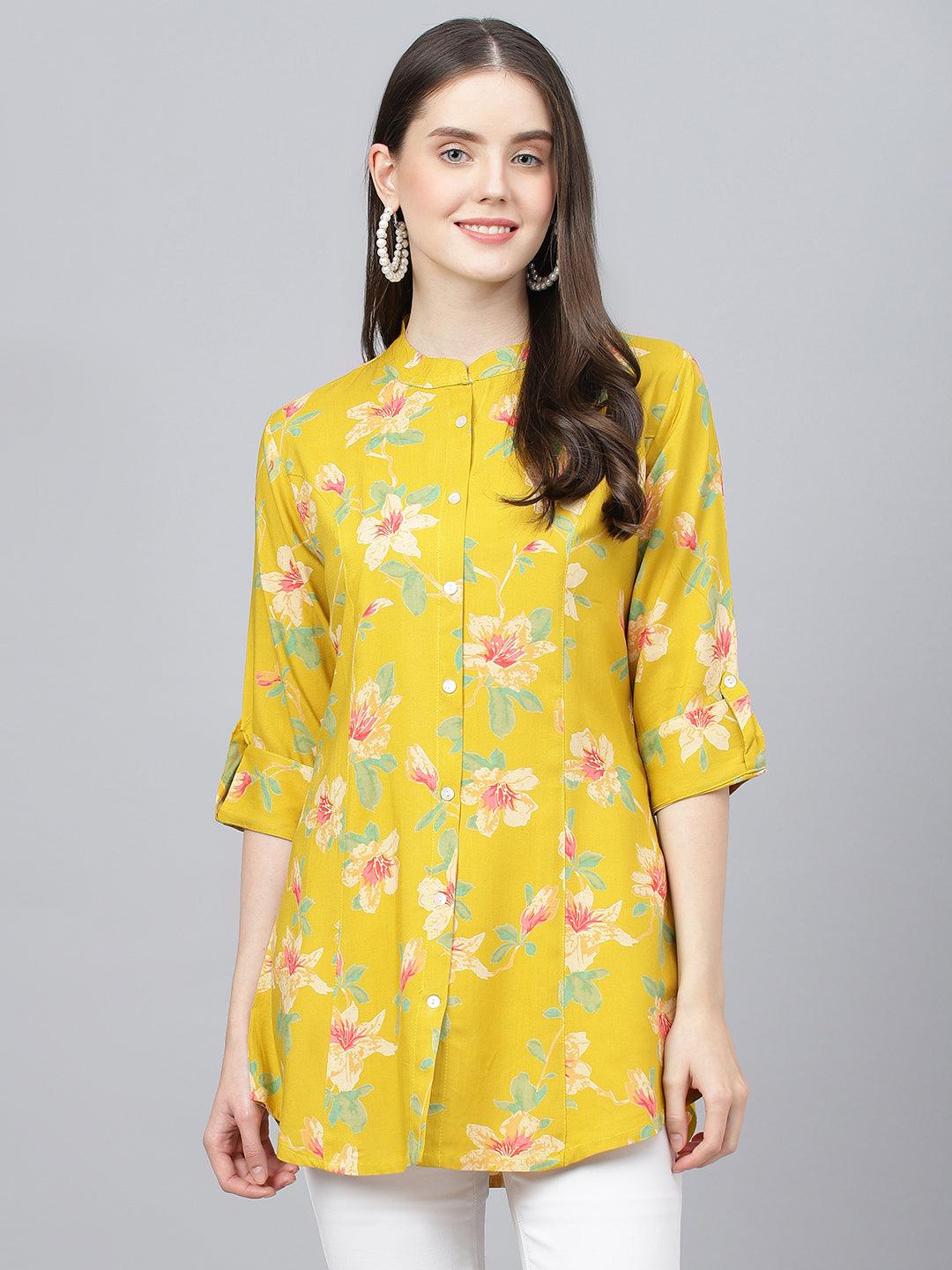 Divena Yellow Floral printed Rayon A-line Shirts Style Top - divena world-Mohi