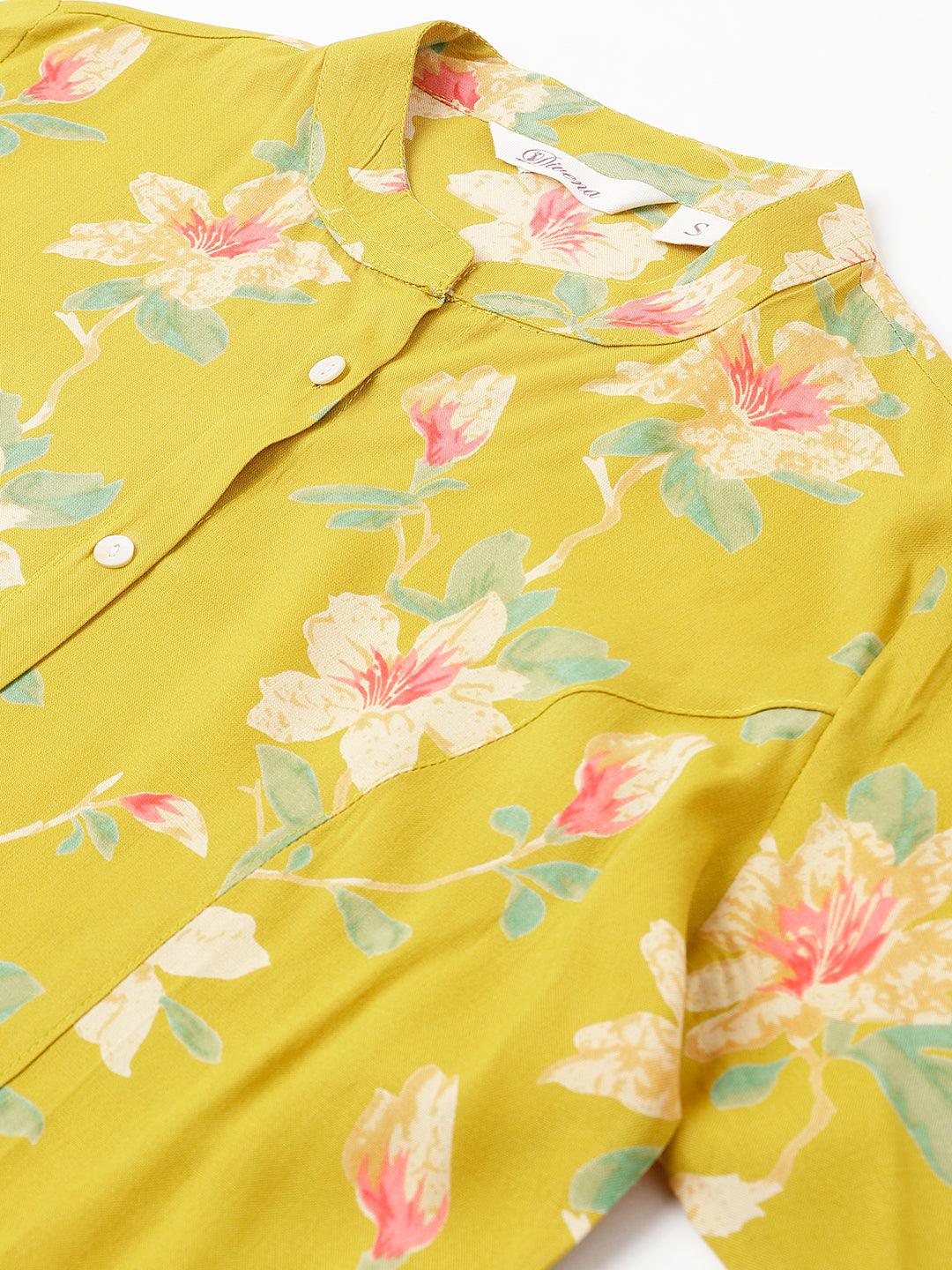 Divena Yellow Floral printed Rayon A-line Shirts Style Top - divena world-Mohi