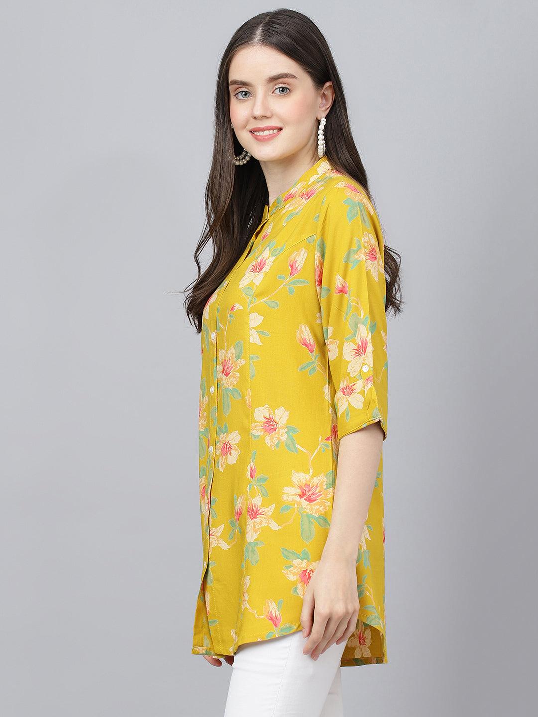 Divena Yellow Floral printed Rayon A-line Shirts Style Top - divena world-Mohi