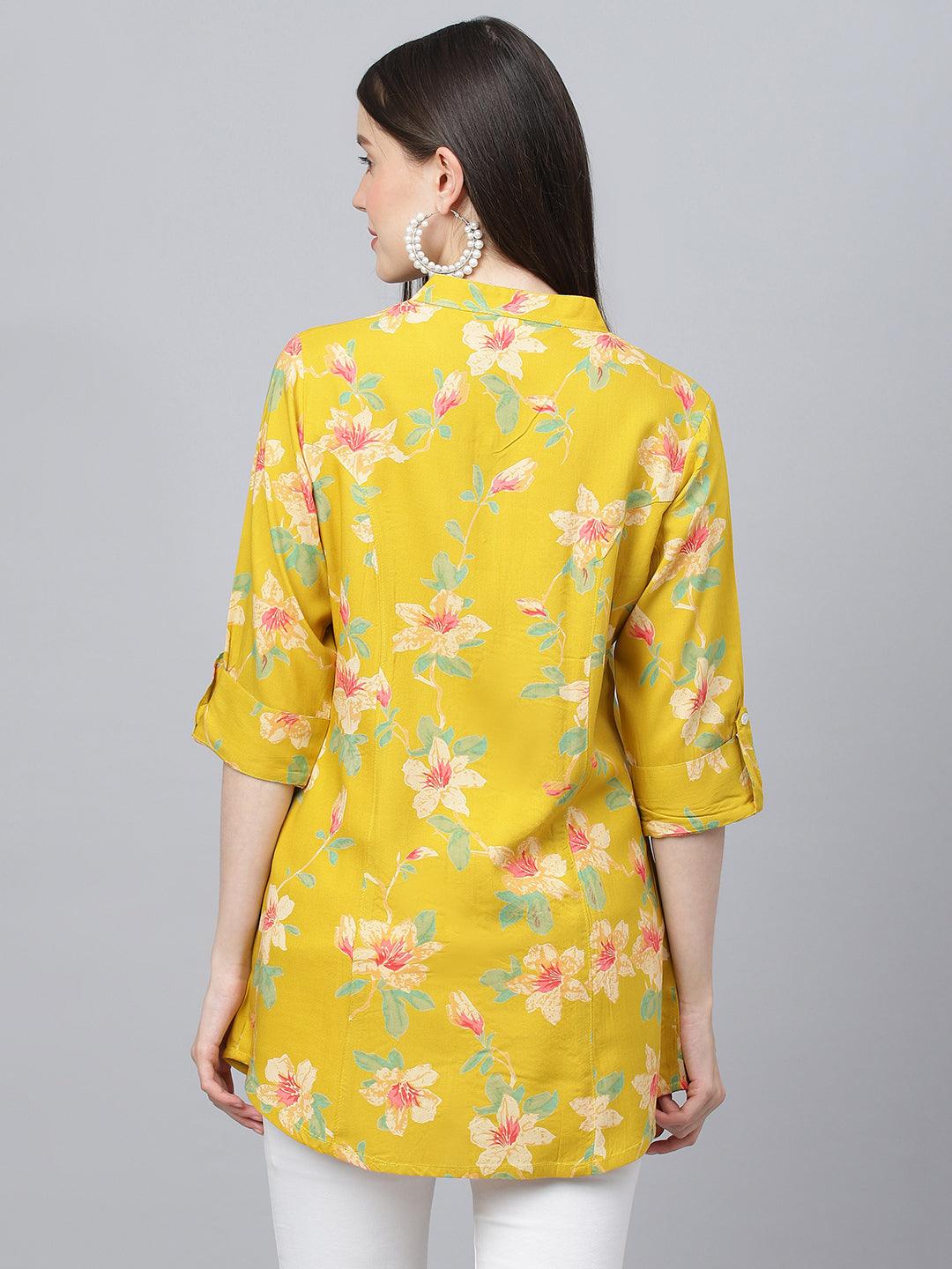 Divena Yellow Floral printed Rayon A-line Shirts Style Top - divena world-Mohi