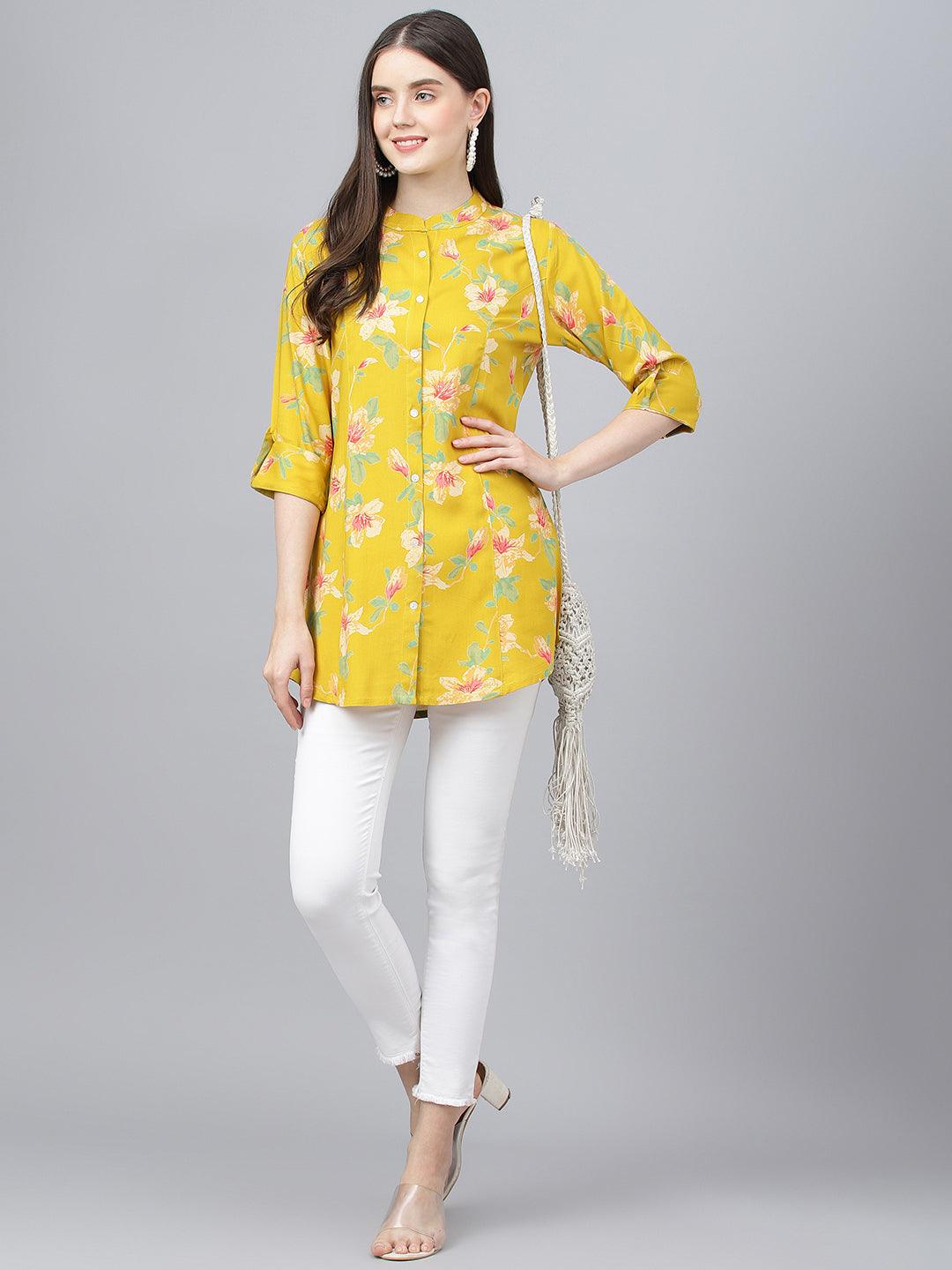 Divena Yellow Floral printed Rayon A-line Shirts Style Top - divena world-Mohi