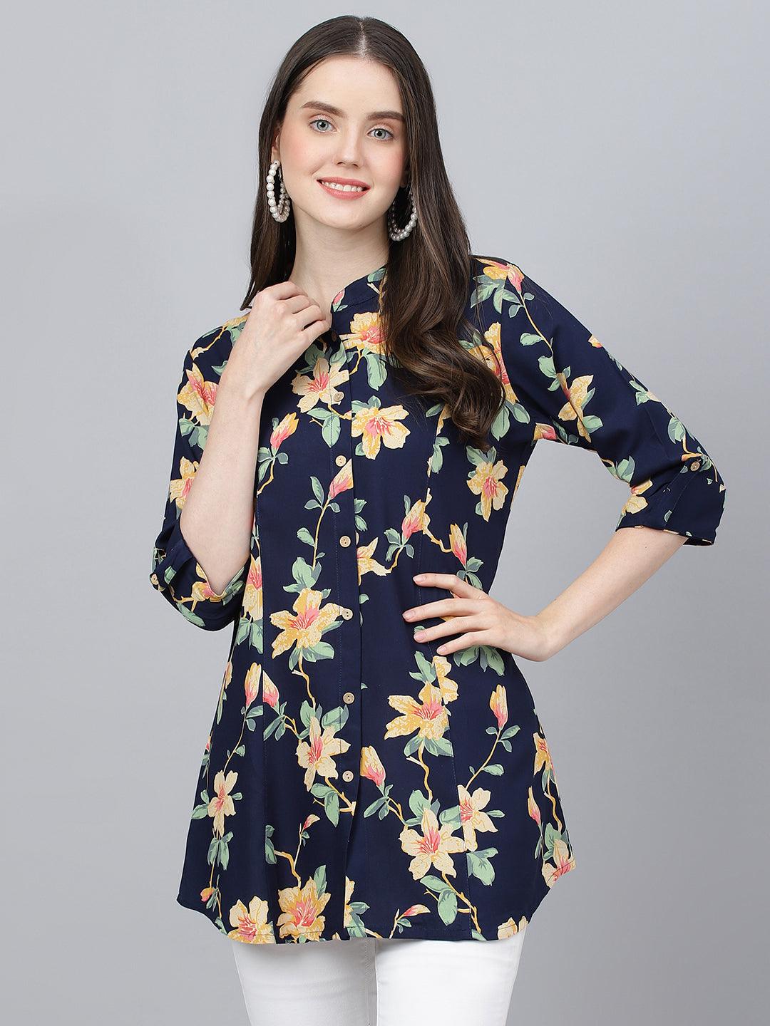 Divena Navy Blue Floral printed Rayon A-line Shirts Style Top - divena world-Mohi