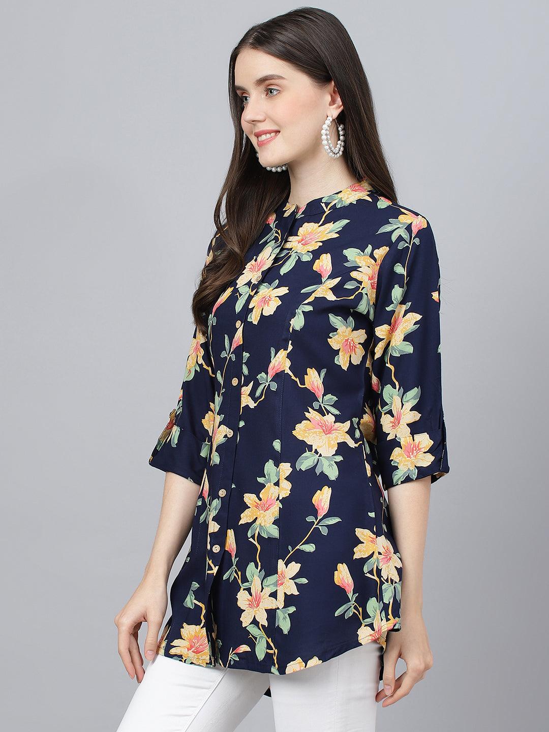 Divena Navy Blue Floral printed Rayon A-line Shirts Style Top - divena world-Mohi