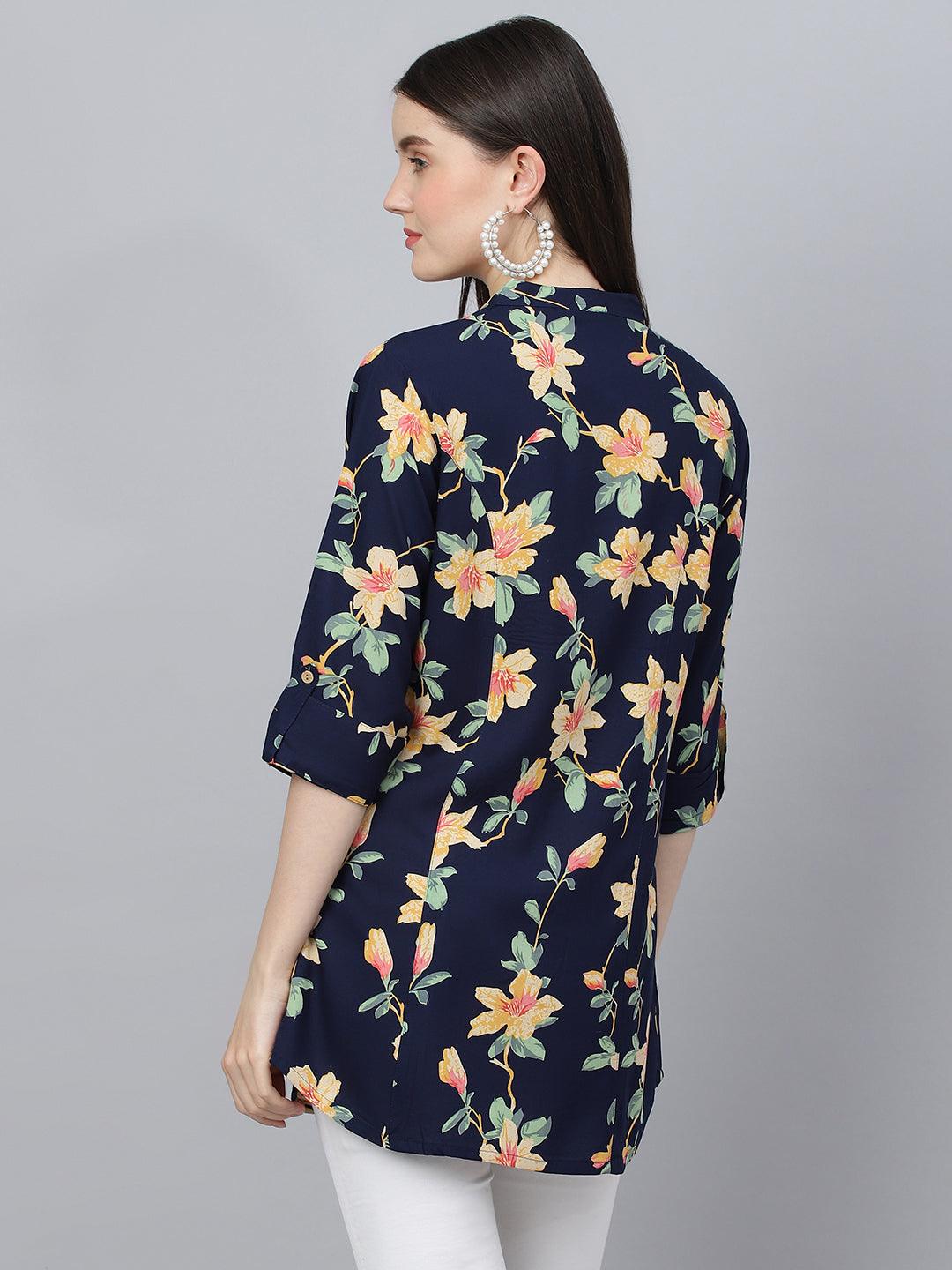 Divena Navy Blue Floral printed Rayon A-line Shirts Style Top - divena world-Mohi