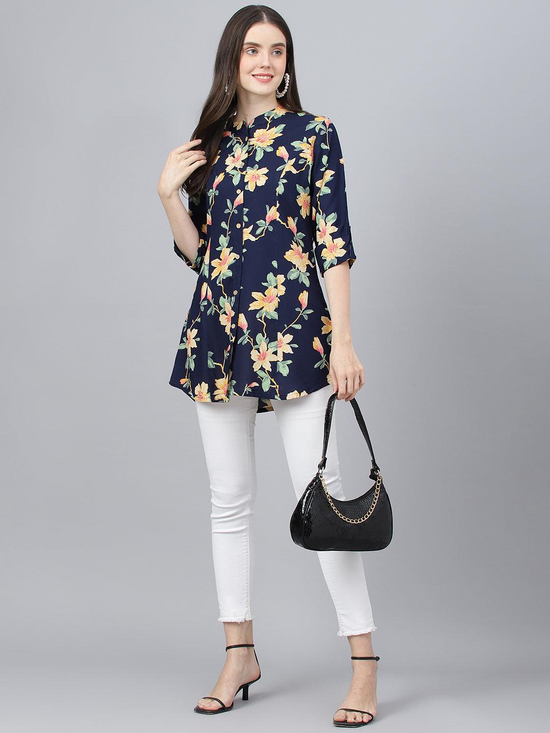 Divena Navy Blue Floral printed Rayon A-line Shirts Style Top - divena world-Mohi