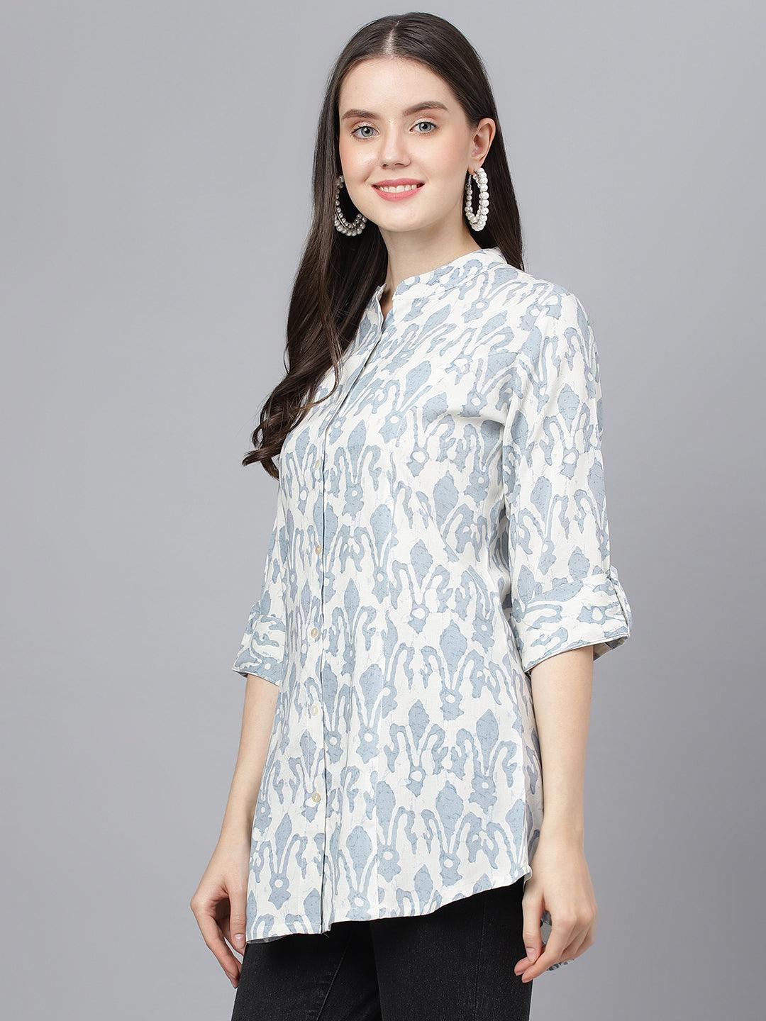 Divena Off white Abstract printed Rayon A-line Shirts Style Top - divena world-Mohi