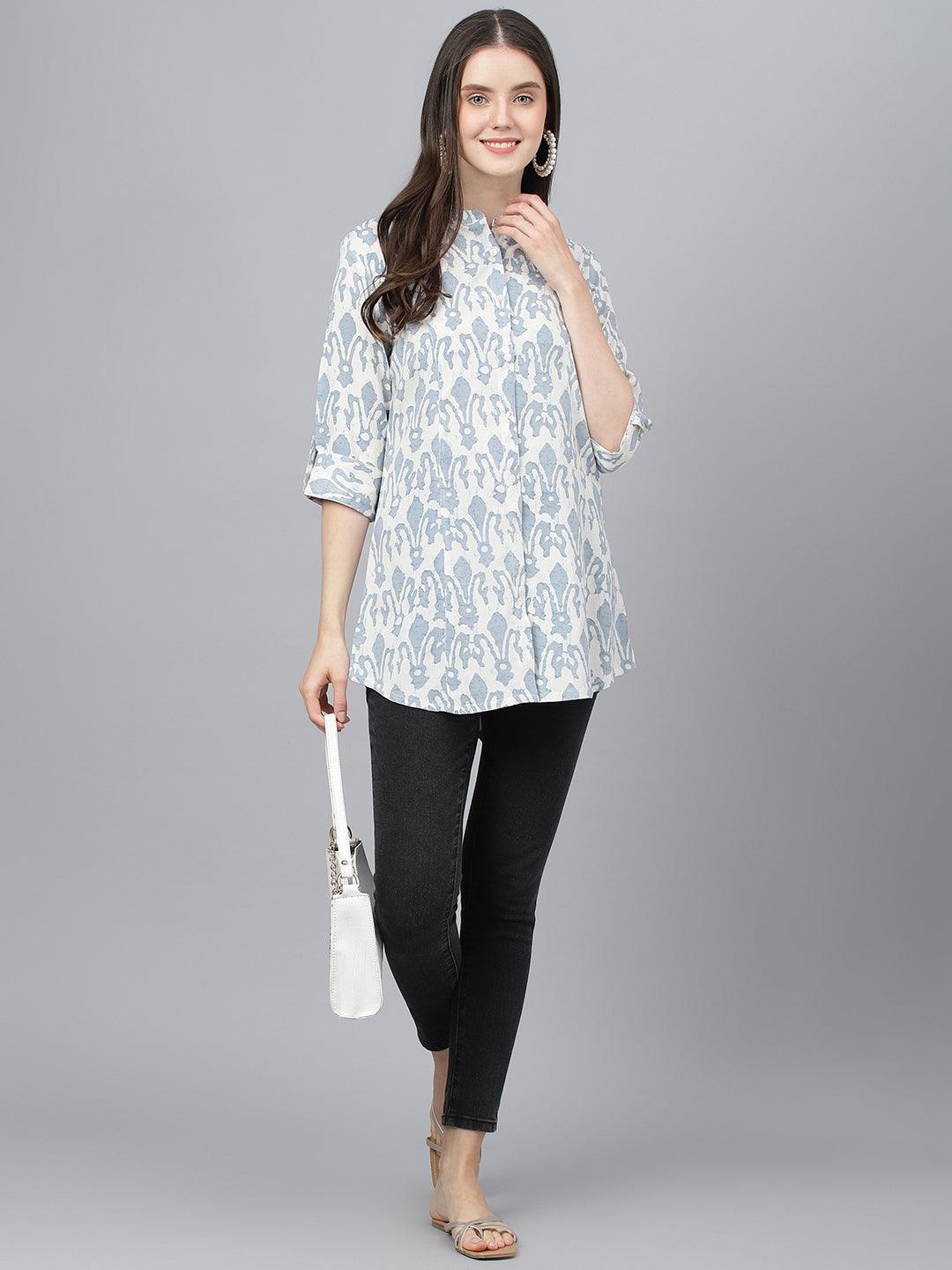 Divena Off white Abstract printed Rayon A-line Shirts Style Top - divena world-Mohi