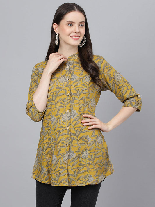 Divena Mustard Floral printed Rayon A-line Shirts Style Top - divena world-Mohi