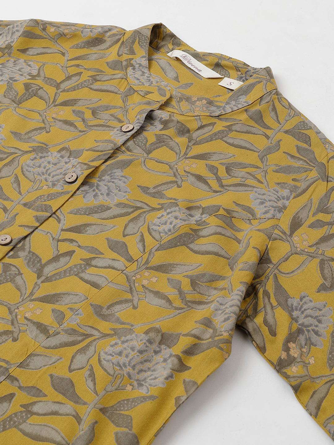 Divena Mustard Floral printed Rayon A-line Shirts Style Top - divena world-Mohi