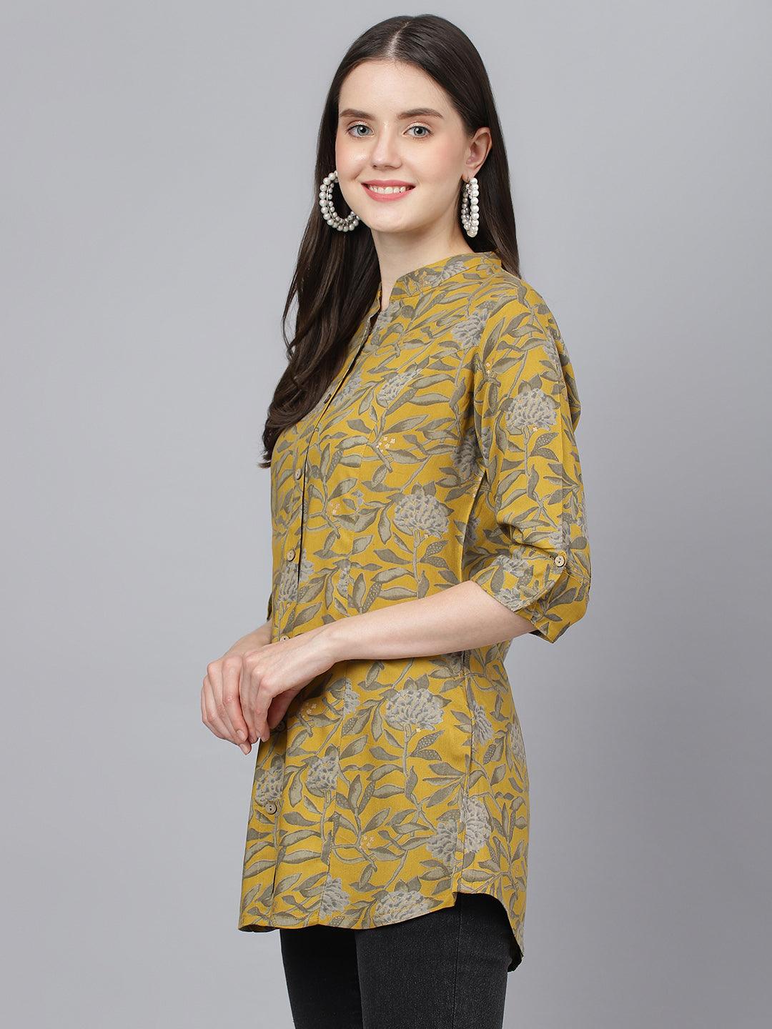 Divena Mustard Floral printed Rayon A-line Shirts Style Top - divena world-Mohi