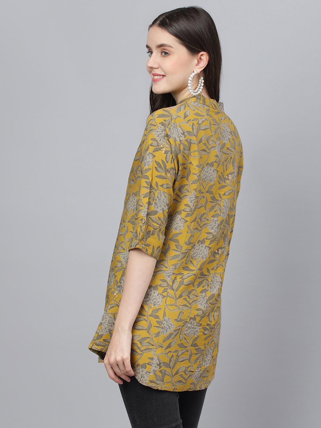 Divena Mustard Floral printed Rayon A-line Shirts Style Top - divena world-Mohi