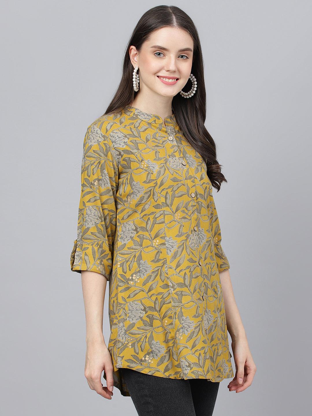 Divena Mustard Floral printed Rayon A-line Shirts Style Top - divena world-Mohi