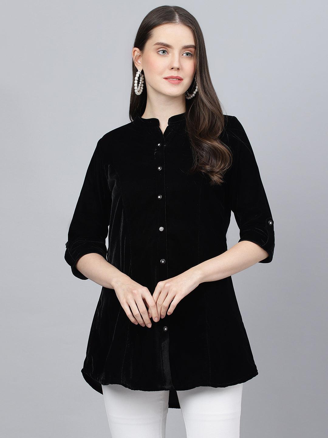 Divena Black Solid Velvet A-line Shirts Style Top - divena world-Mohi