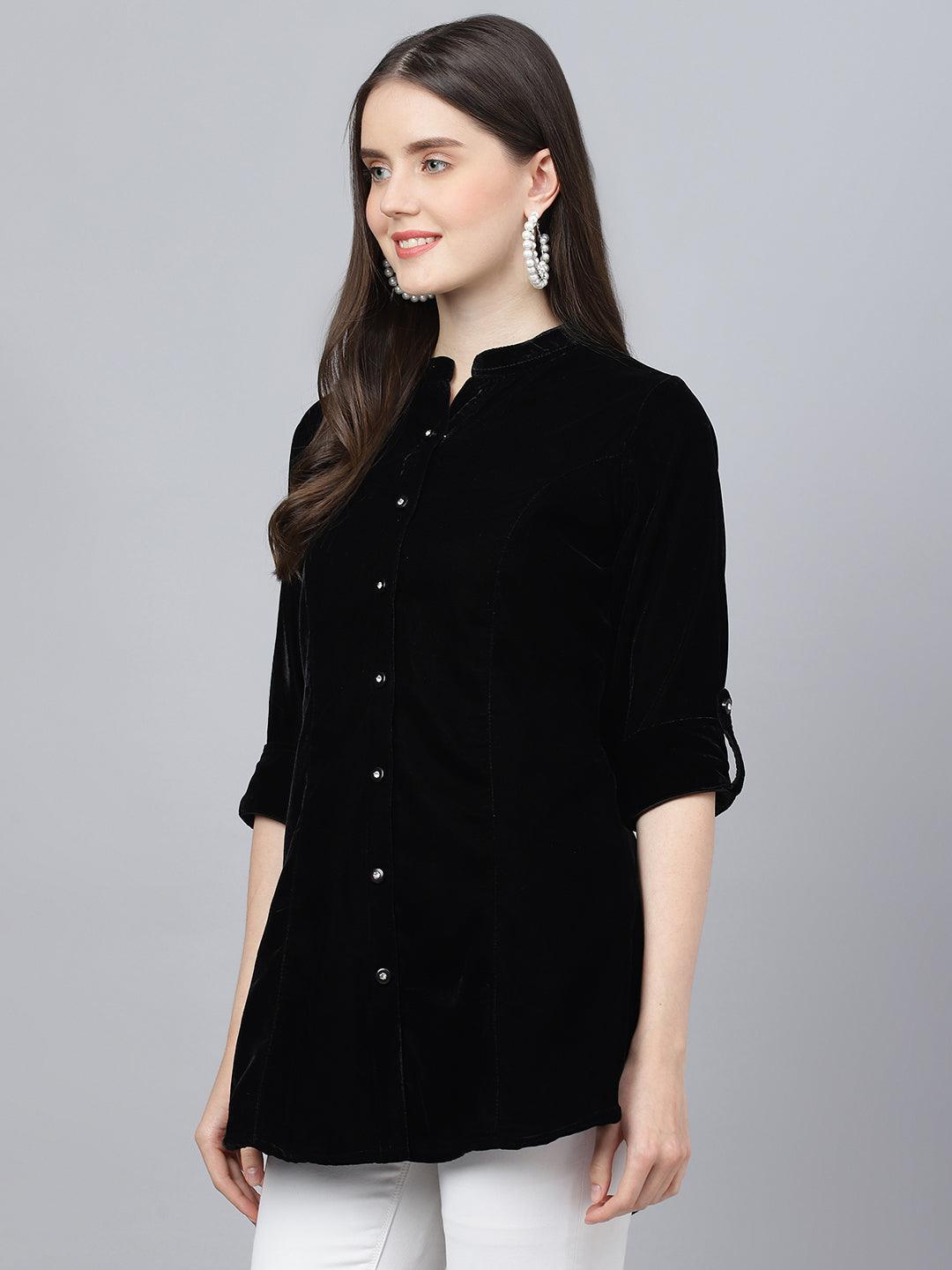 Divena Black Solid Velvet A-line Shirts Style Top - divena world-Mohi